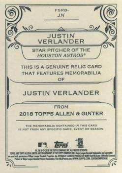 2018 Topps Allen & Ginter - Full-Size Relics #FSRB-JN Justin Verlander Back