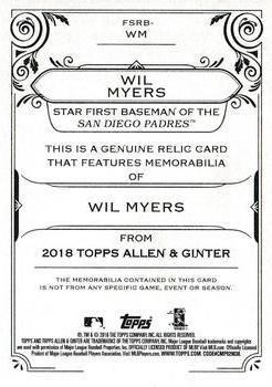 2018 Topps Allen & Ginter - Full-Size Relics #FSRB-WM Wil Myers Back