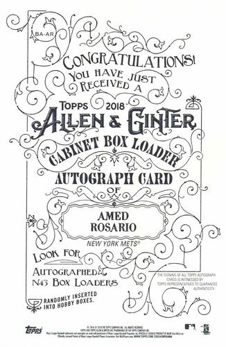 2018 Topps Allen & Ginter - Box Loader Autographs #BA-AR Amed Rosario Back