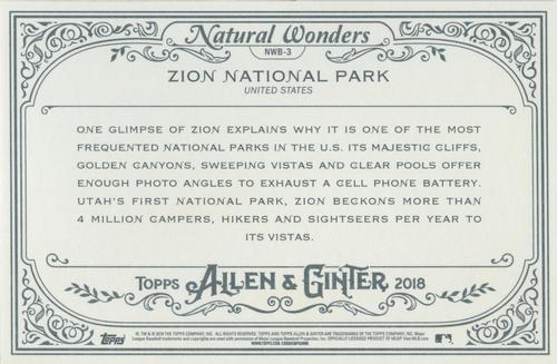 2018 Topps Allen & Ginter - Natural Wonders #NWB-3 Zion National Park Back