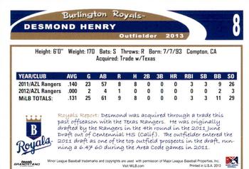 2013 Grandstand Burlington Royals #10 Desmond Henry Back