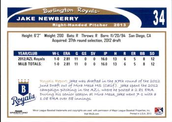 2013 Grandstand Burlington Royals #20 Jake Newberry Back