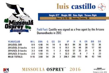 2016 Grandstand Missoula Osprey #3 Luis Castillo Back