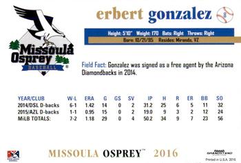 2016 Grandstand Missoula Osprey #9 Erbert Gonzalez Back