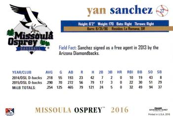 2016 Grandstand Missoula Osprey #26 Yan Sanchez Back