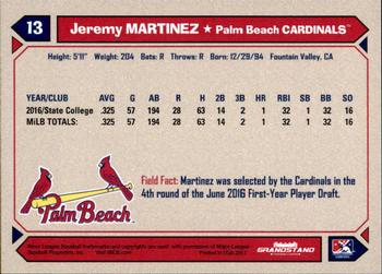 2017 Grandstand Palm Beach Cardinals #NNO Jeremy Martinez Back