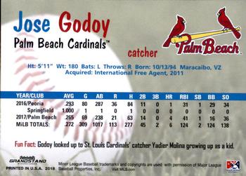 2018 Grandstand Palm Beach Cardinals #NNO Jose Godoy Back