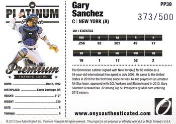 2012 Onyx Platinum Prospects #PP39 Gary Sanchez Back