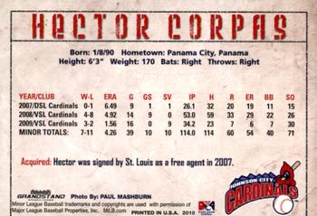 2010 Grandstand Johnson City Cardinals #5 Hector Corpas Back