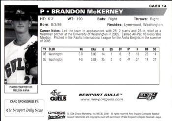2006 Choice Newport Gulls #14 Brandon McKerney Back