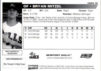 2006 Choice Newport Gulls #16 Bryan Mitzel Back