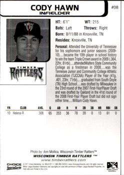 2011 Choice Wisconsin Timber Rattlers #08 Cody Hawn Back