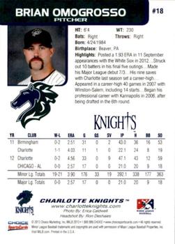 2013 Choice Charlotte Knights #18 Brian Omogrosso Back