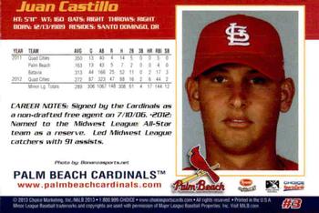 2013 Choice Palm Beach Cardinals #3 Juan Castillo Back