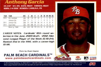 2013 Choice Palm Beach Cardinals #8 Anthony Garcia Back