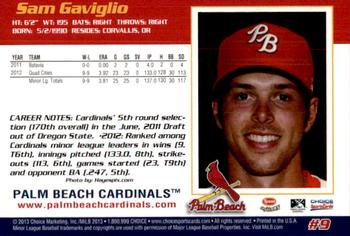 2013 Choice Palm Beach Cardinals #9 Sam Gaviglio Back