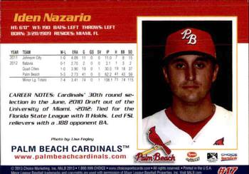 2013 Choice Palm Beach Cardinals #17 Iden Nazario Back