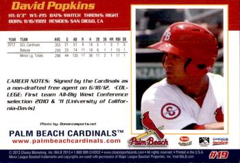 2013 Choice Palm Beach Cardinals #19 David Popkins Back