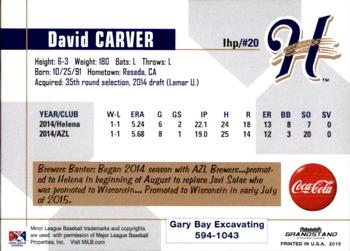 2015 Grandstand Helena Brewers #5 David Carver Back