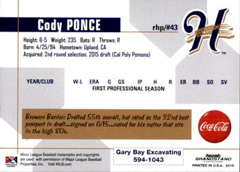 2015 Grandstand Helena Brewers #26 Cody Ponce Back