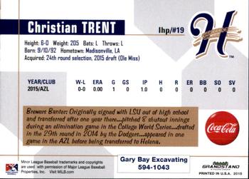2015 Grandstand Helena Brewers #32 Christian Trent Back