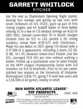 2018 Choice South Atlantic League Top Prospects #6 Garrett Whitlock Back