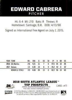 2018 Choice South Atlantic League Top Prospects #11 Edward Cabrera Back