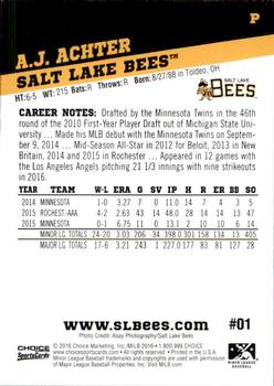2016 Choice Salt Lake Bees #1 A.J. Achter Back