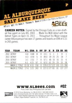 2016 Choice Salt Lake Bees #2 Al Alburquerque Back
