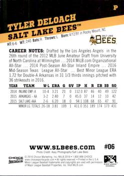 2016 Choice Salt Lake Bees #6 Tyler DeLoach Back