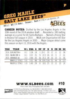 2016 Choice Salt Lake Bees #10 Greg Mahle Back