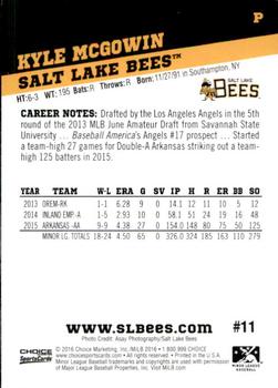 2016 Choice Salt Lake Bees #11 Kyle McGowin Back