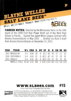 2016 Choice Salt Lake Bees #15 Blayne Weller Back
