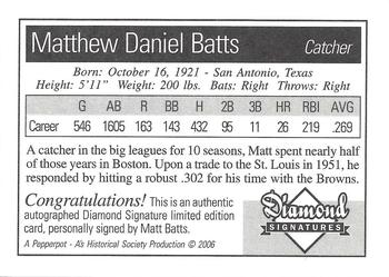 2006 Philadelphia Athletics Historical Society Diamond Signatures #NNO Matt Batts Back