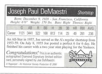2006 Philadelphia Athletics Historical Society Diamond Signatures #NNO Joe DeMaestri Back