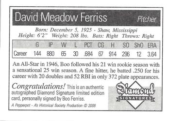 2006 Philadelphia Athletics Historical Society Diamond Signatures #NNO Dave Ferriss Back