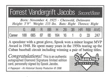 2006 Philadelphia Athletics Historical Society Diamond Signatures #NNO Spook Jacobs Back