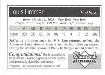 2006 Philadelphia Athletics Historical Society Diamond Signatures #NNO Lou Limmer Back