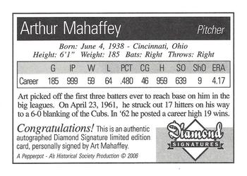 2006 Philadelphia Athletics Historical Society Diamond Signatures #NNO Art Mahaffey Back