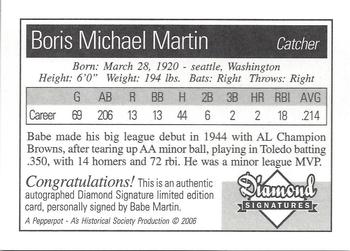 2006 Philadelphia Athletics Historical Society Diamond Signatures #NNO Babe Martin Back