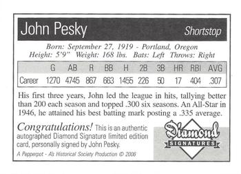 2006 Philadelphia Athletics Historical Society Diamond Signatures #NNO John Pesky Back