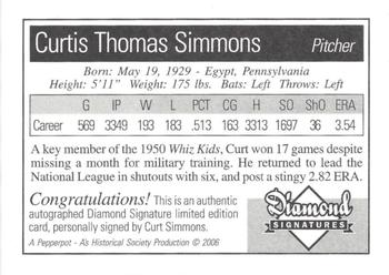 2006 Philadelphia Athletics Historical Society Diamond Signatures #NNO Curt Simmons Back