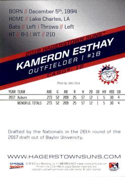 2018 Choice Hagerstown Suns #12 Kameron Esthay Back