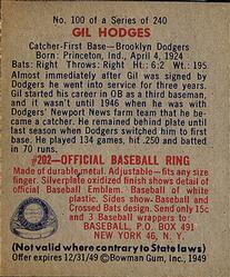 1949 Bowman #100 Gil Hodges Back