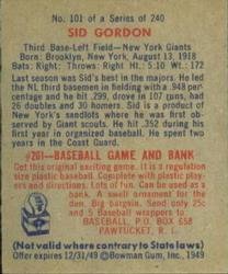 1949 Bowman #101 Sid Gordon Back