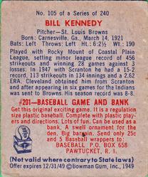 1949 Bowman #105 Bill Kennedy Back