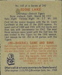 1949 Bowman #107 Eddie Lake Back