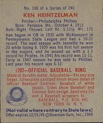 1949 Bowman #108 Ken Heintzelman Back