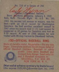 1949 Bowman #110 Early Wynn Back