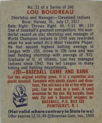 1949 Bowman #11 Lou Boudreau Back
